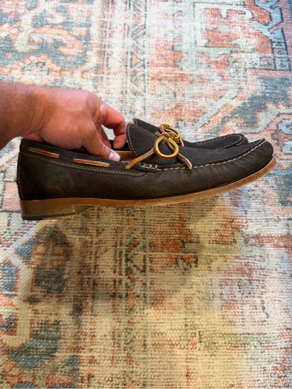 Trask Dark Brown Suede Moccasin Loafers with Tan Contrast Laces - Picture 2 of 5